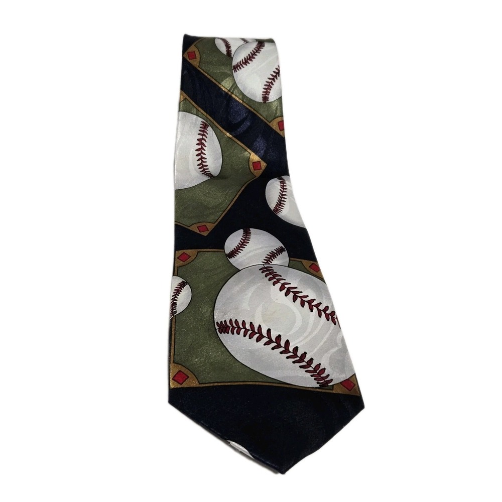 VINTAGE Steven Harris Mens‎ Neck Tie BASEBALL Sports Hand Made Blue Green
